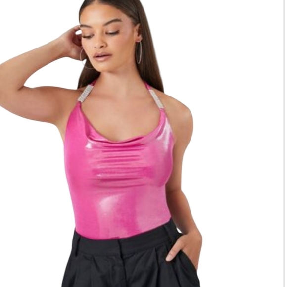 Forever 21 Womens Pink Rhinestone Halter Top Bodysuit Size XL - Picture 1 of 11